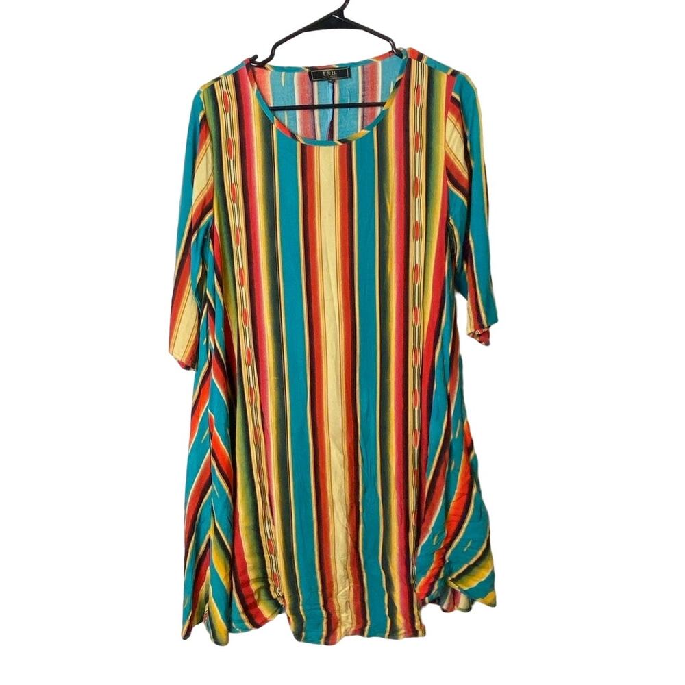 L&B Women's Southwest Lightweight 3/4 Sleeve Rayon Mini Shirt Dress Size Small